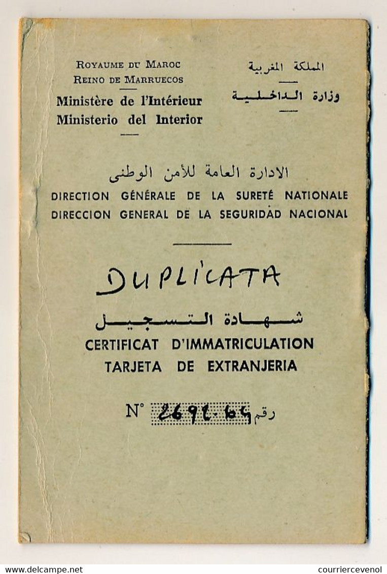 MAROC - Trois Certificats D'immatriculation (pour étrangers) FRANCAIS Résidant à FES - Années 1970 - Documents Historiques