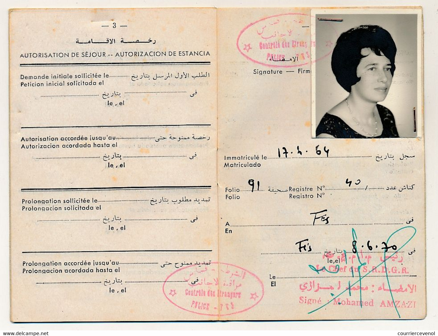 MAROC - Trois Certificats D'immatriculation (pour étrangers) FRANCAIS Résidant à FES - Années 1970 - Documents Historiques