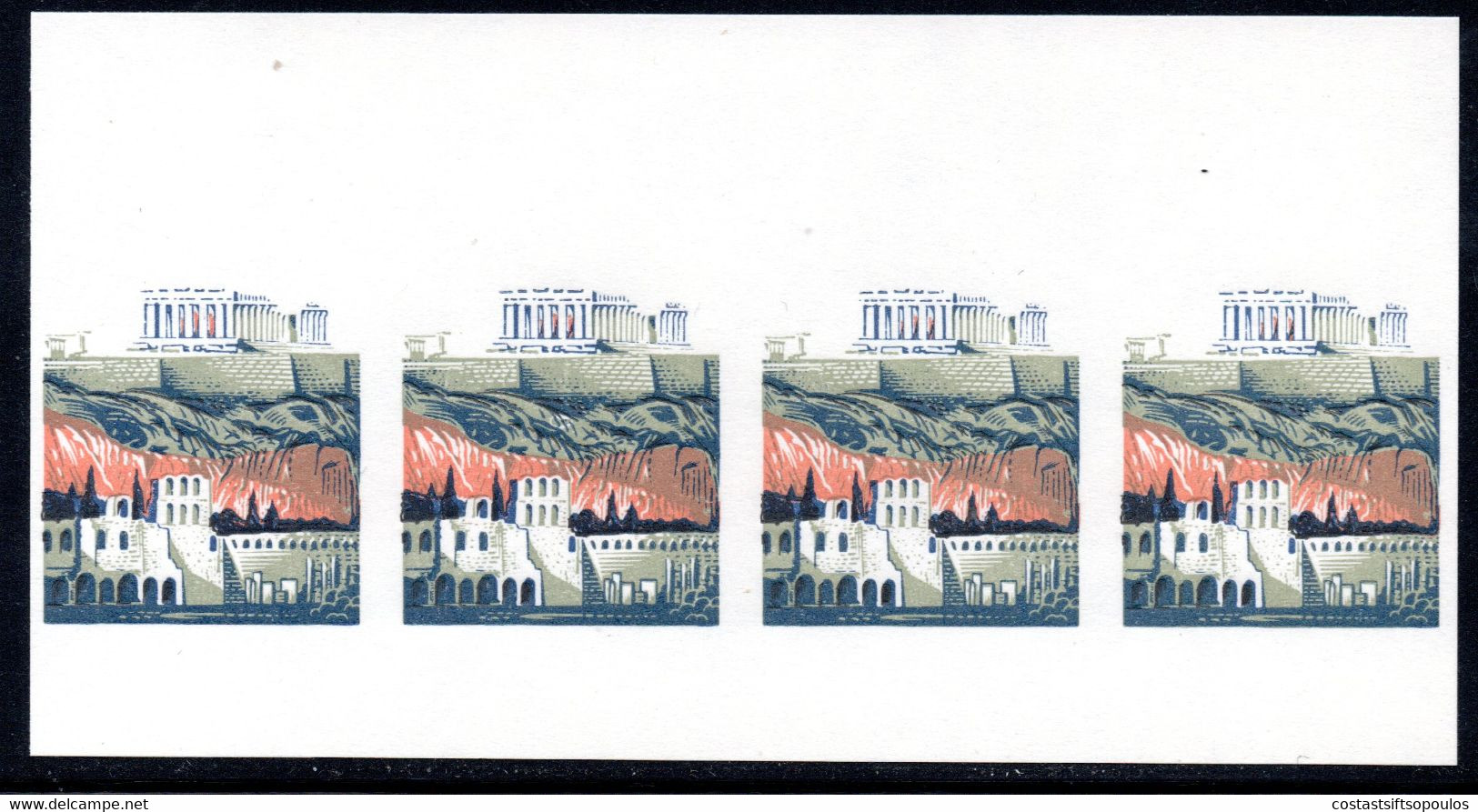 929.GREECE,1965 ART.ACROPOLIS 4.5 DR.HELLAS.992 COLOUR TRIAL PROOF STRIP OF 4 ,WITHOUT GUM - Proofs & Reprints