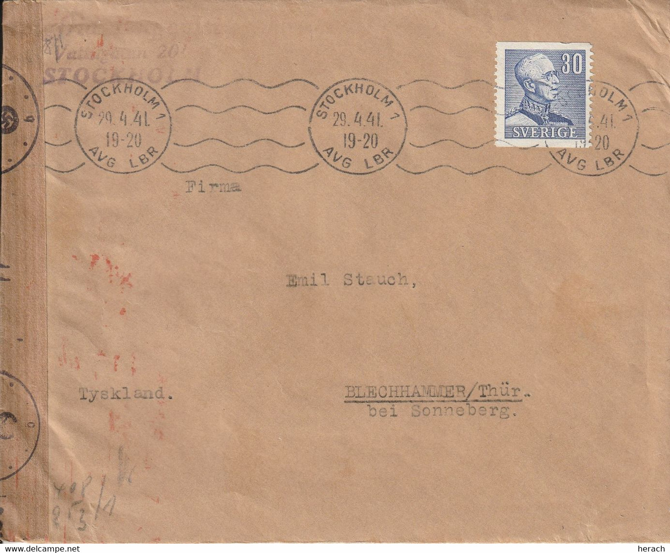 Suède Lettre Censurée Pour L'Allemagne 1941 - 1930- ... Coil Stamps II