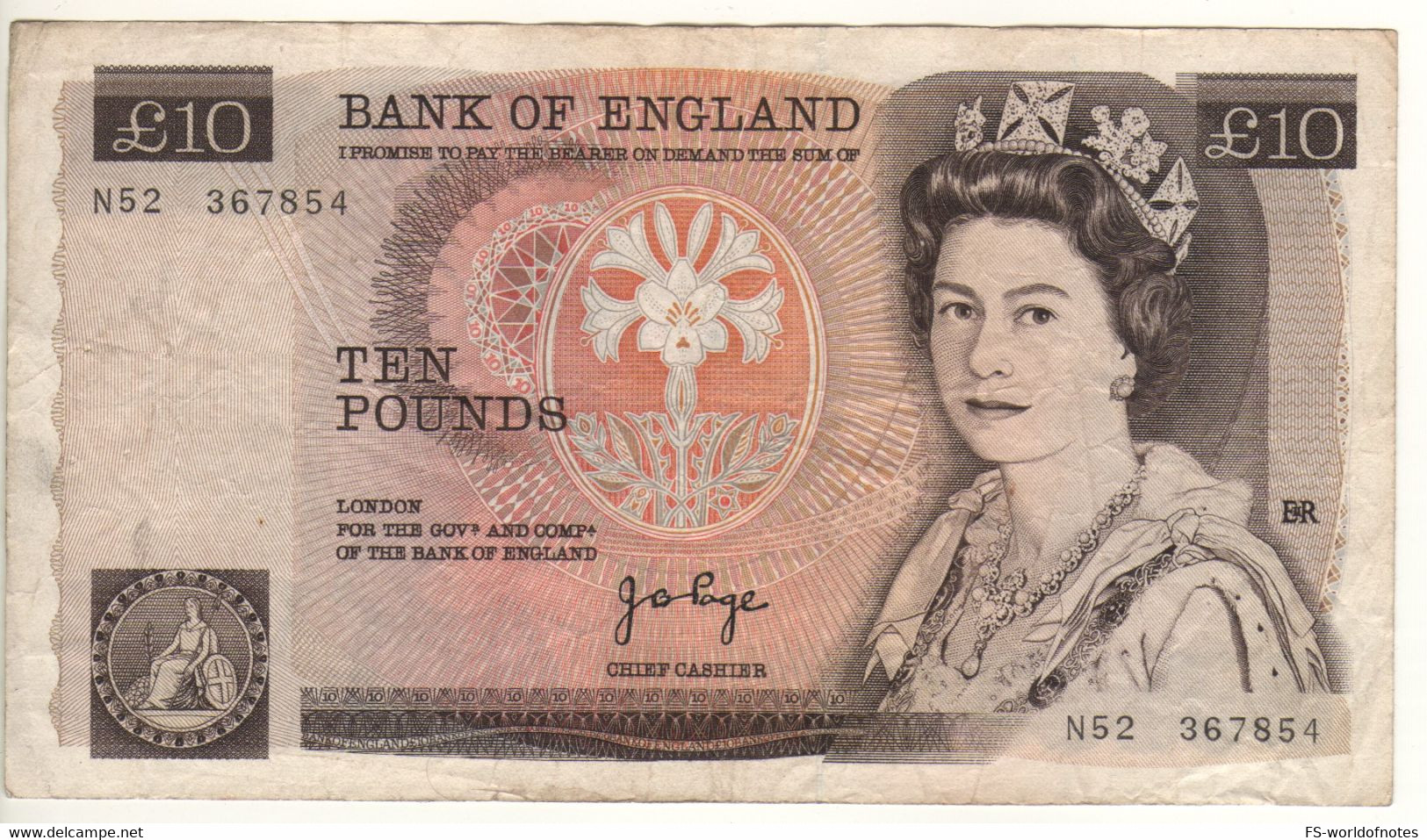 ENGLAND. £10 P379a  ( ND 1975   "sign. J.B. Page"   -    Queen Elizabeth II/ Florence Nightingale ) - 10 Ponden