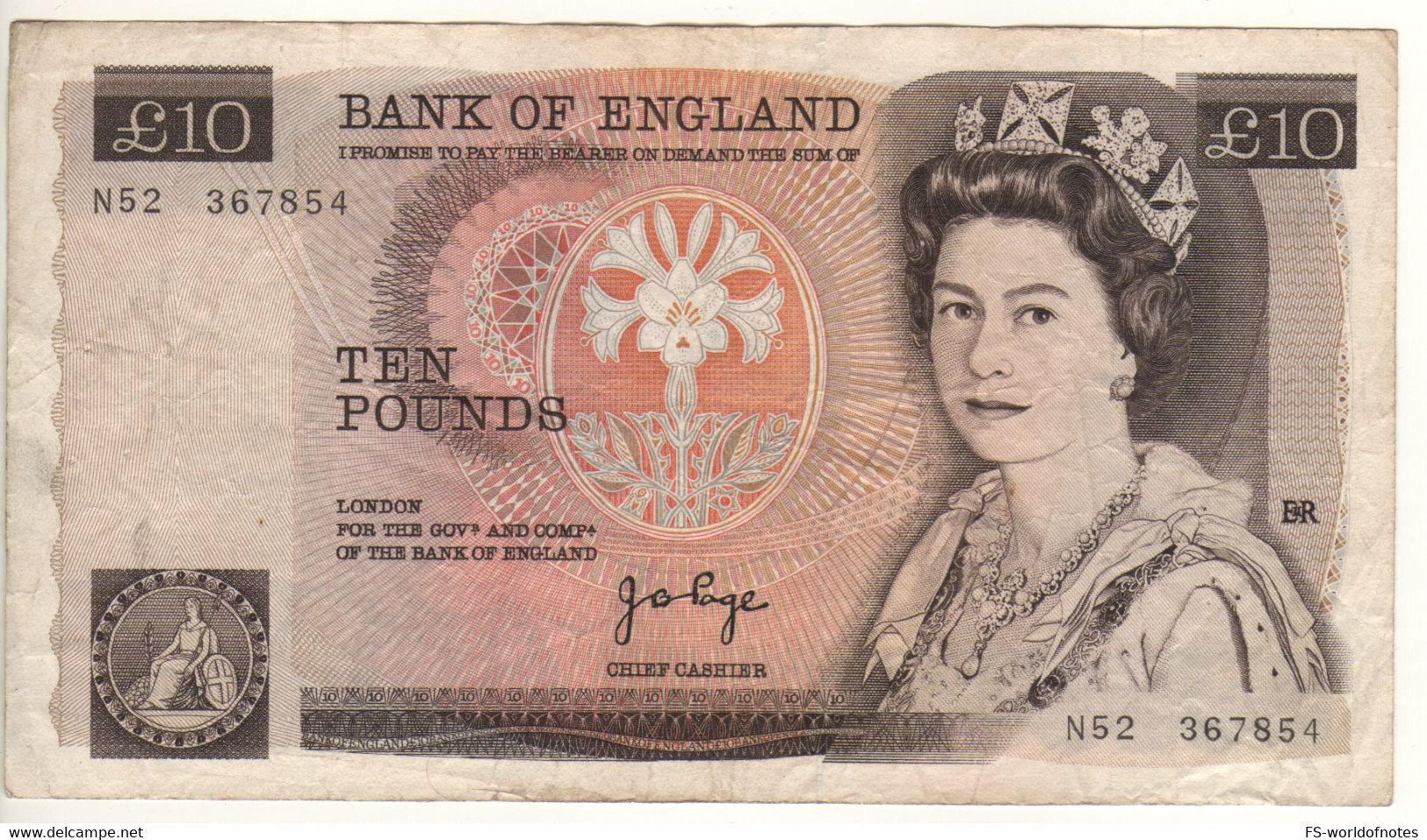 ENGLAND. £10 P379a  ( ND 1975   "sign. J.B. Page"   -    Queen Elizabeth II/ Florence Nightingale ) - 10 Pounds