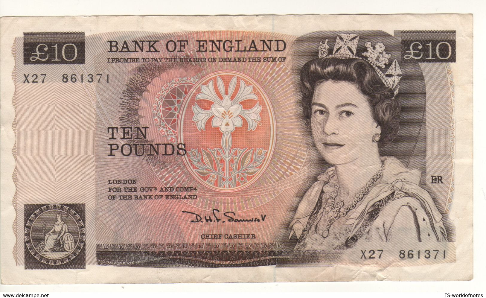 ENGLAND. £10 P379b  ( ND 1985   "sign. D.H.F. Somerset"  -   Queen Elizabeth II/ Florence Nightingale ) - 10 Pounds