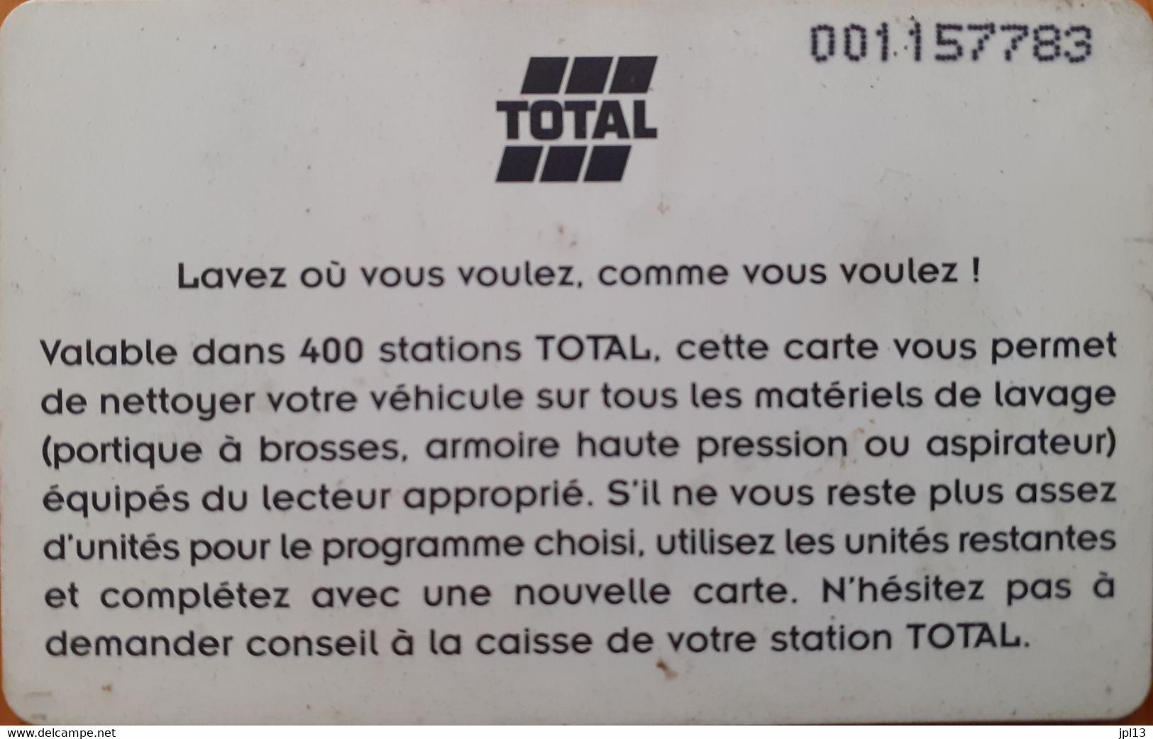 Carte Lavage - France - Total - 18 Unités, Grand N° De Série - Car Wash Cards