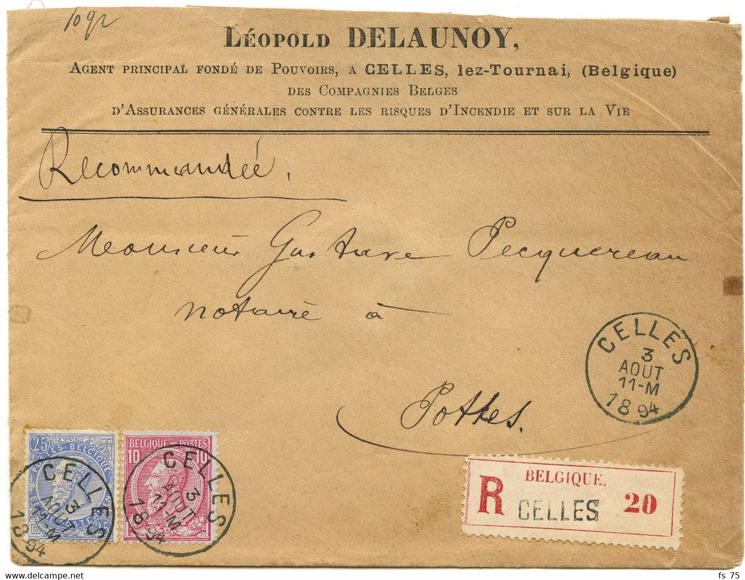 BELGIQUE - COB 46+60 SIMPLE CERCLE CELLES SUR LETTRE RECOMMANDEE, 1894 - 1884-1891 Léopold II