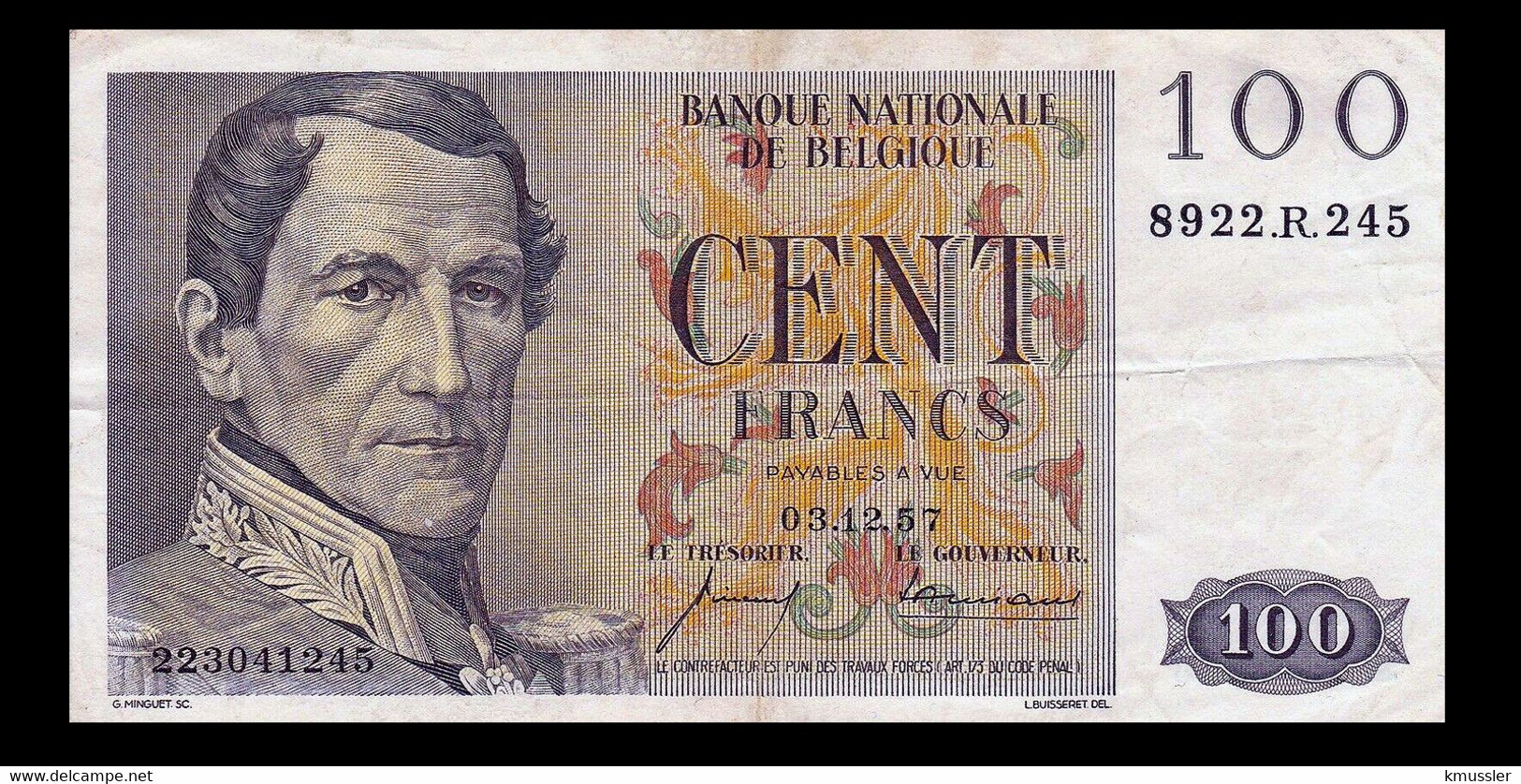 # # # Banknote Belgien (Belgium) 100 Francs 1957 # # # - 100 Francos