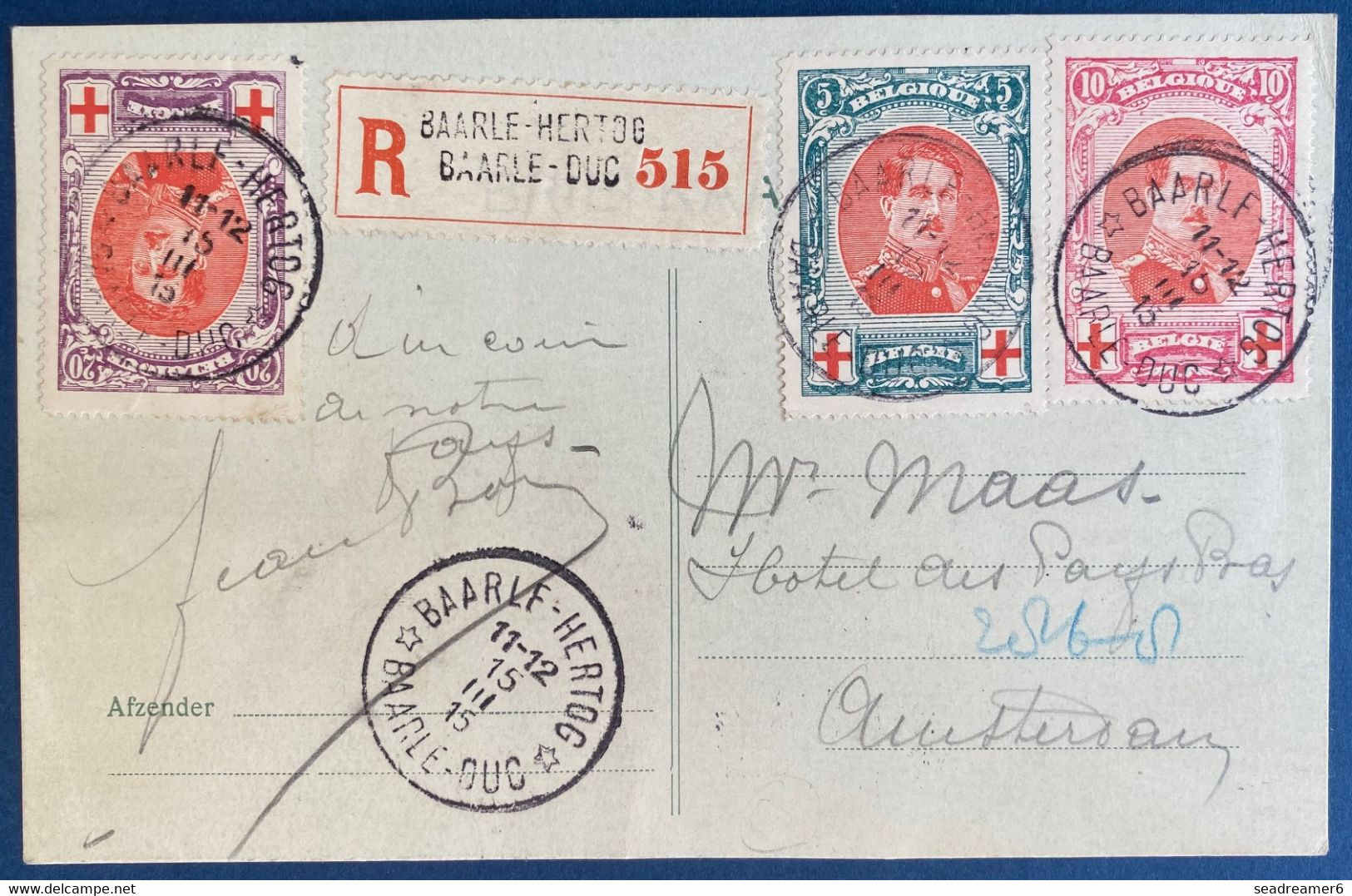 Belgique 1915 Carte Tricolore Avec Croix Rouge 132,133 & 134 En Recommandé Obl Baarle Hertog Pour Amsterdam TTB - 1914-1915 Red Cross