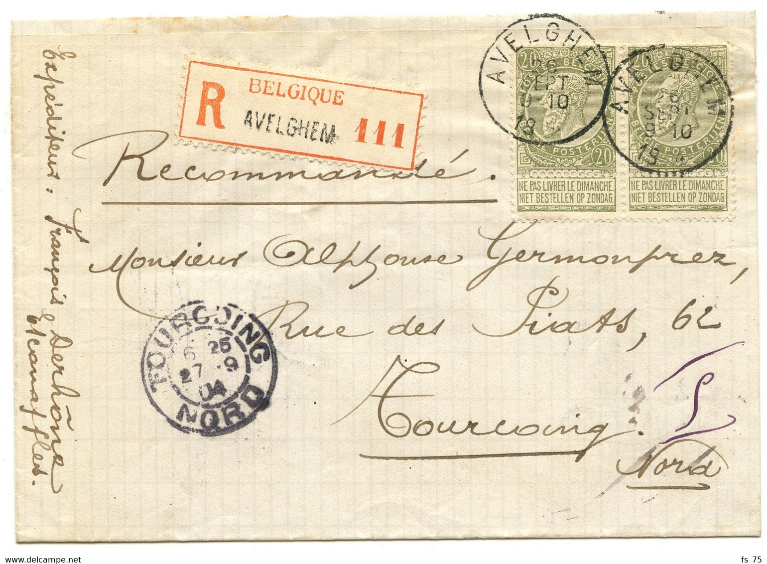 BELGIQUE - COB 59X2 SIMPLE CERCLE AVELGHEM SUR LETTRE RECOMMANDEE AU TARIF FRONTALIER POUR TOURCOING, 1904 - 1884-1891 Leopold II.