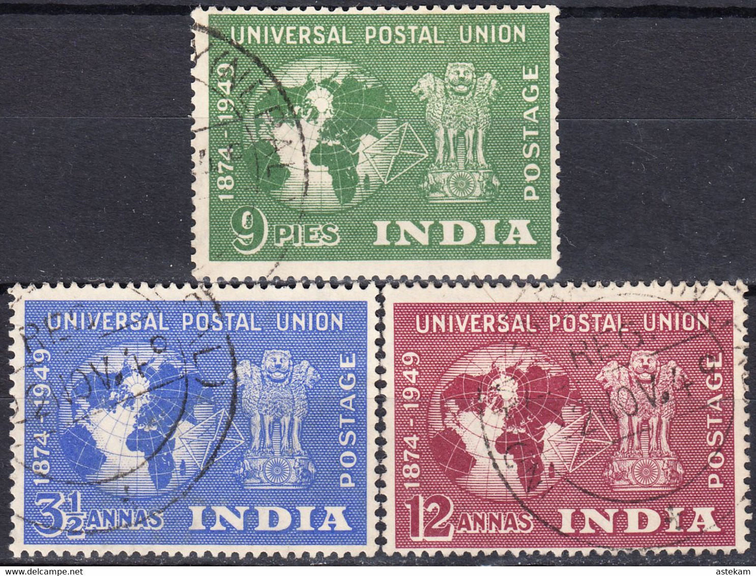 INDIA 1949, 75 Years UNIVERSAL POSTAL UNION, THREE SEPARATE USED STAMPS From SERIES In GOOD QUALITY - Usati