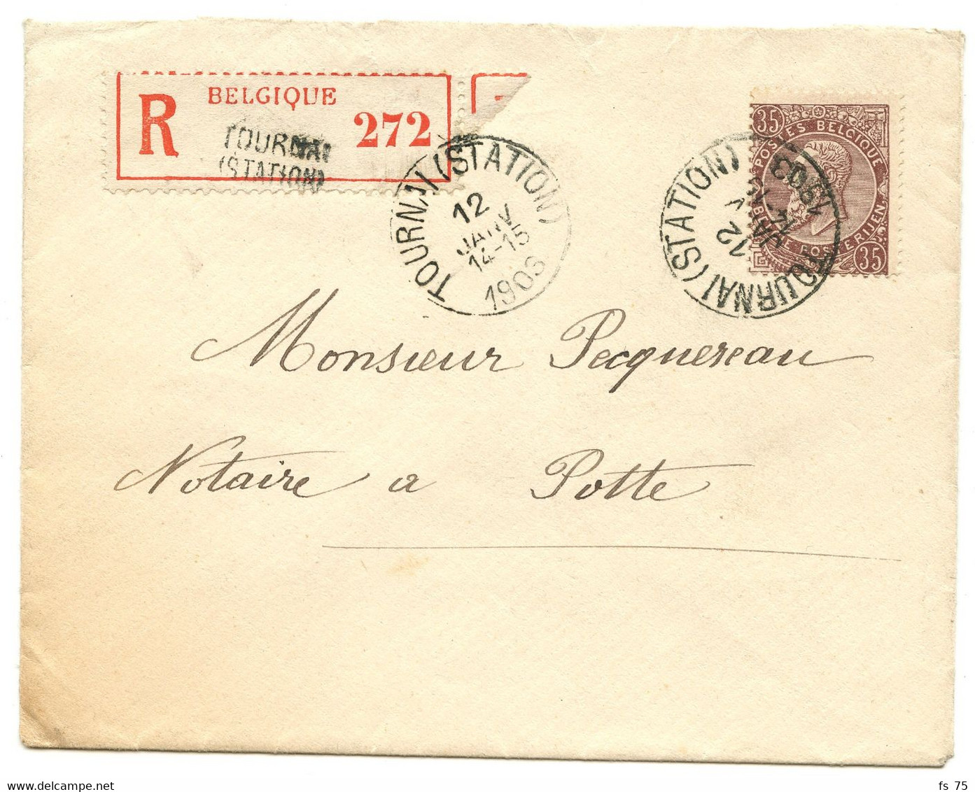 BELGIQUE - COB 61 SIMPLE CERCLE TOURNAI (STATION) SUR LETTRE RECOMMANDEE, 1903 - 1893-1900 Thin Beard