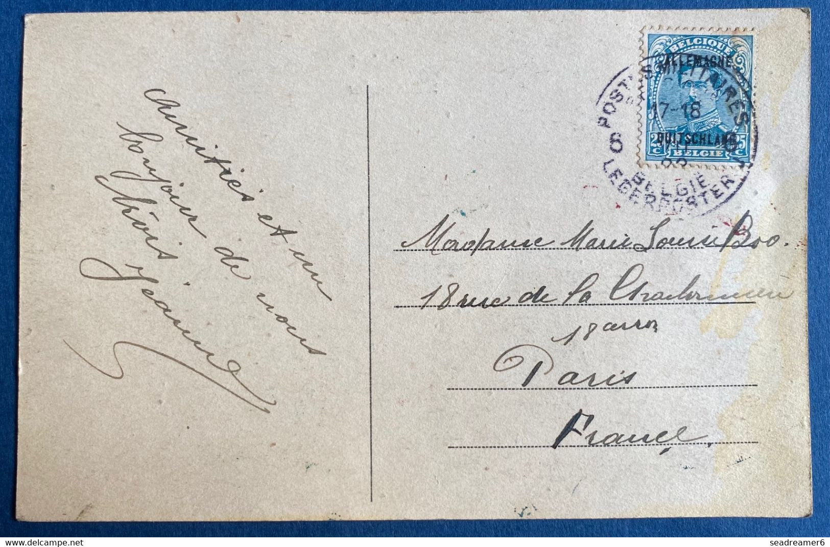 Carte Postale Belgique Occupation Allemandes N°9 25c Bleu Oblitéré Dateur PMB 5 Poste Militaire Belge 5 Pour PARIS - OC38/54 Belgische Bezetting In Duitsland