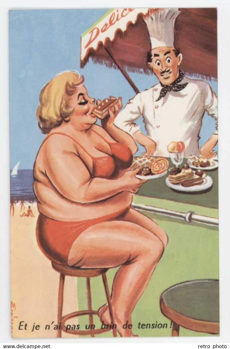 Cpa Signée Carrière - Femme Grosse / Obèse En Maillot Sur La Plage, Pâtisserie & Gâteaux - Carrière, Louis