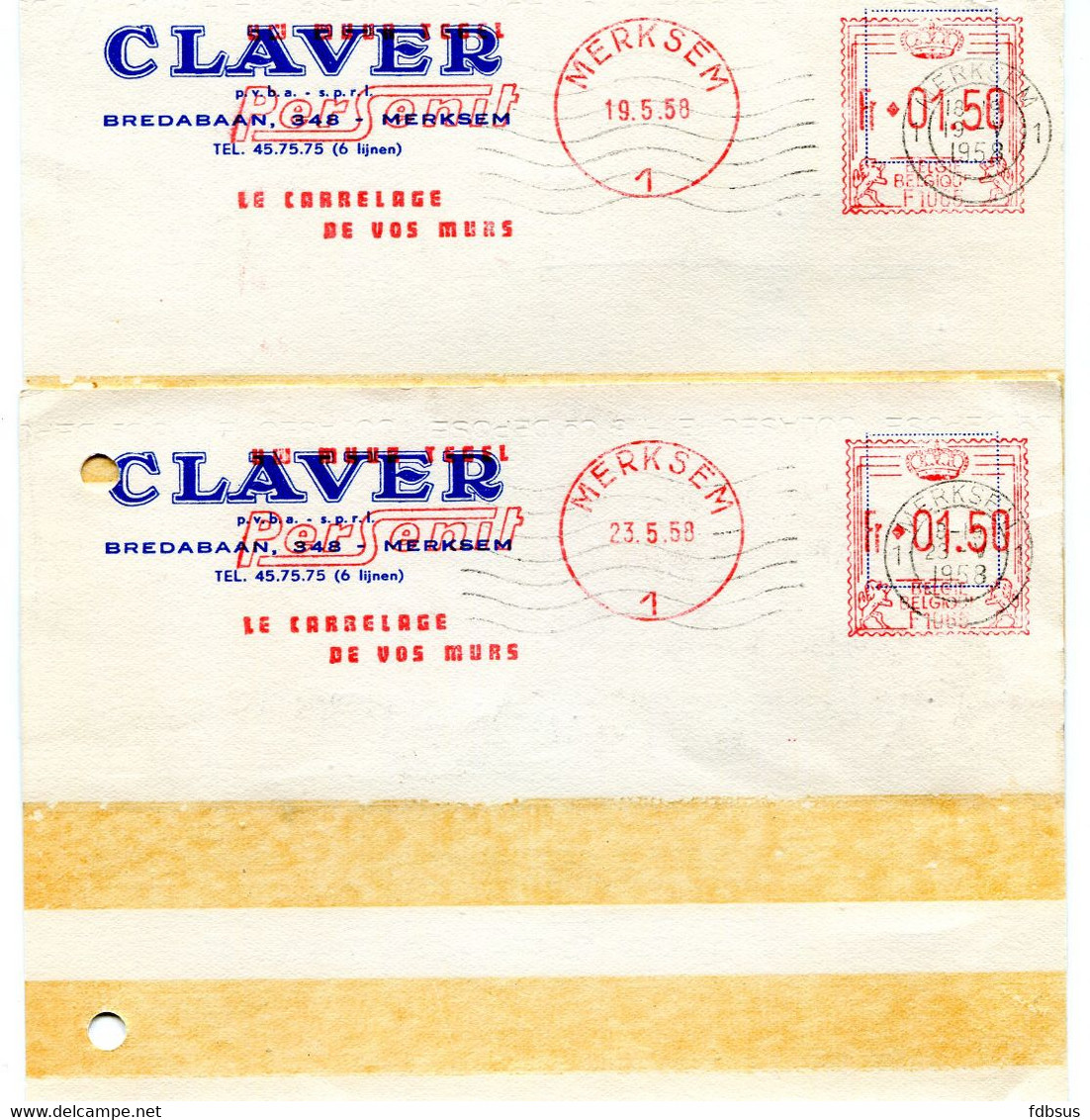 1958 2  Kaarten Van CLAVER Merksem - PERSENIT Tegels Carrelage - Rode Stempel Merksem 1 -   Ref 143 - ...-1959