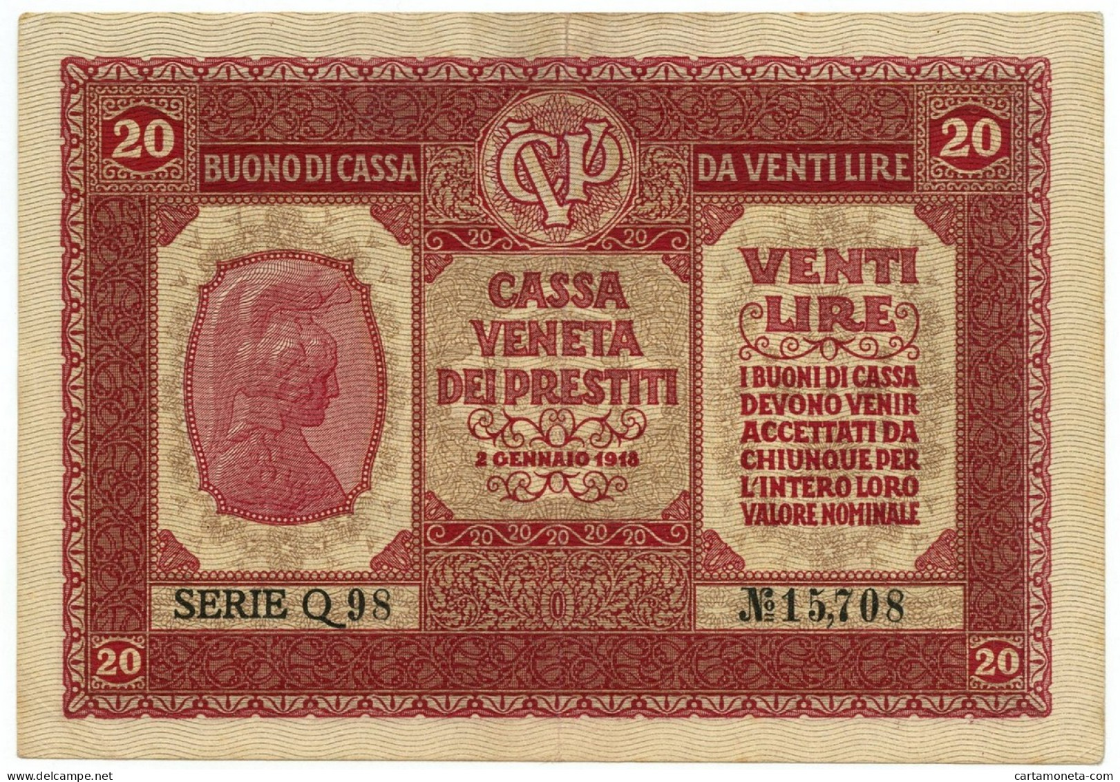 20 LIRE CASSA VENETA DEI PRESTITI OCCUPAZIONE AUSTRIACA 02/01/1918 BB/SPL - Occupation Autrichienne De Venezia