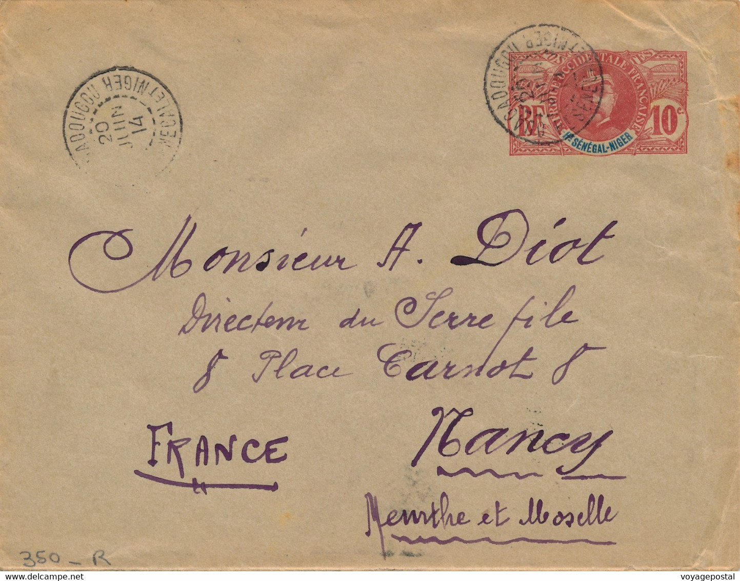 LETTRE ENTIER POSTAL FAIDHERBE OUAGADOUGOU HAUT-SENEGAL ET NIGER NANCY 1914 COVER - Covers & Documents