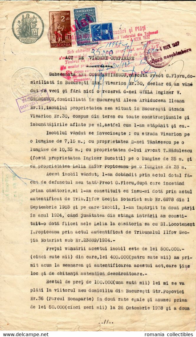 Romania, 1937, Real Estate Sale Contract, Bucuresti - Revenue / Fiscal Stamps / Cinderellas - Fiscali