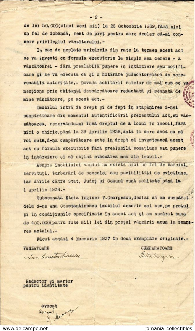 Romania, 1937, Real Estate Sale Contract, Bucuresti - Revenue / Fiscal Stamps / Cinderellas - Fiscales