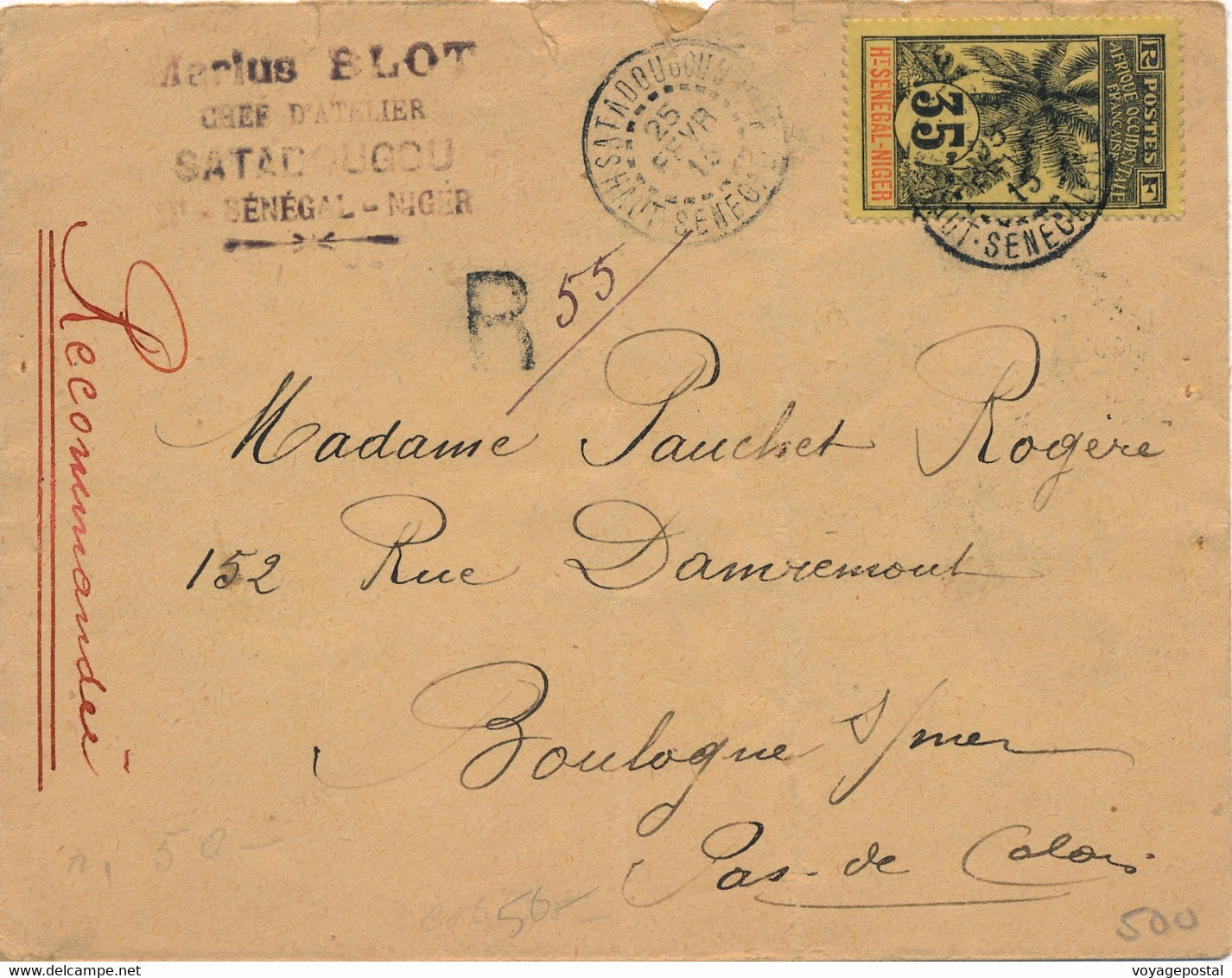 LETTRE RECOMMANDÉE SATADOUGOU PALMIER 35C HAUT-SENEGAL ET NIGER COVER - Briefe U. Dokumente