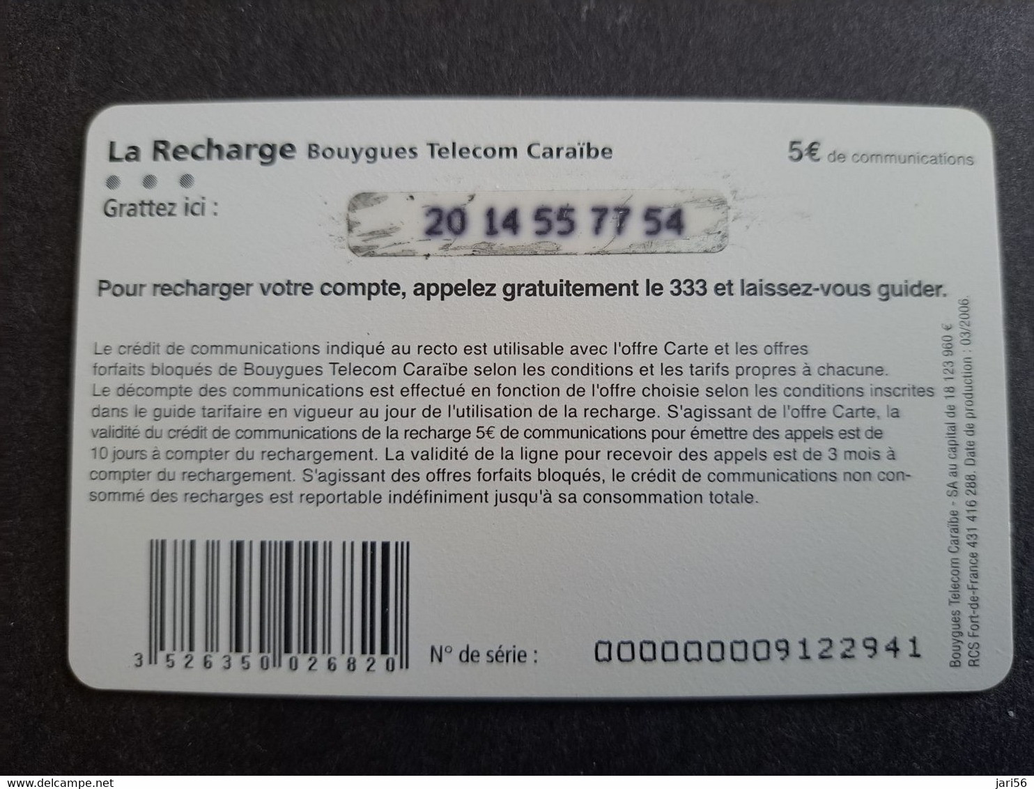 Caribbean Phonecard St Martin French Caribbean ANTILLES FRANCAISES RECHARGE BOUYGUES  5 EURO  ** 10232 ** - Antillen (Französische)