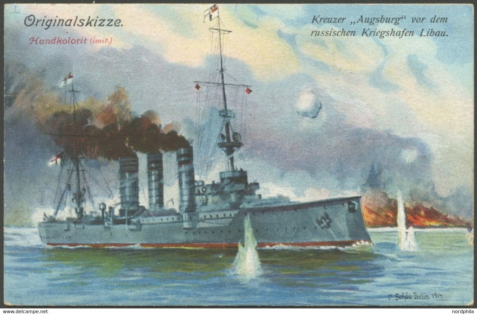 ALTE POSTKARTEN - SCHIFFE KAISERL. MARINE Kreuzer Augsburg Im Russischen Hafen Libau, Farbige Künstlerkarte - Krieg