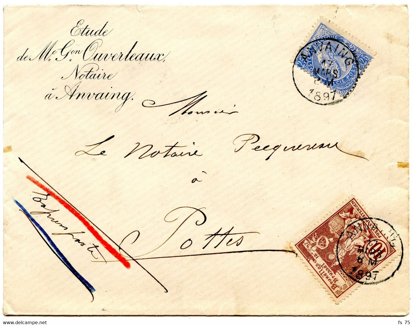 BELGIQUE - COB 60+72 SIMPLE CERCLE ANVAING SUR LETTRE PAR EXPRES, 1897 - 1893-1900 Barbas Cortas