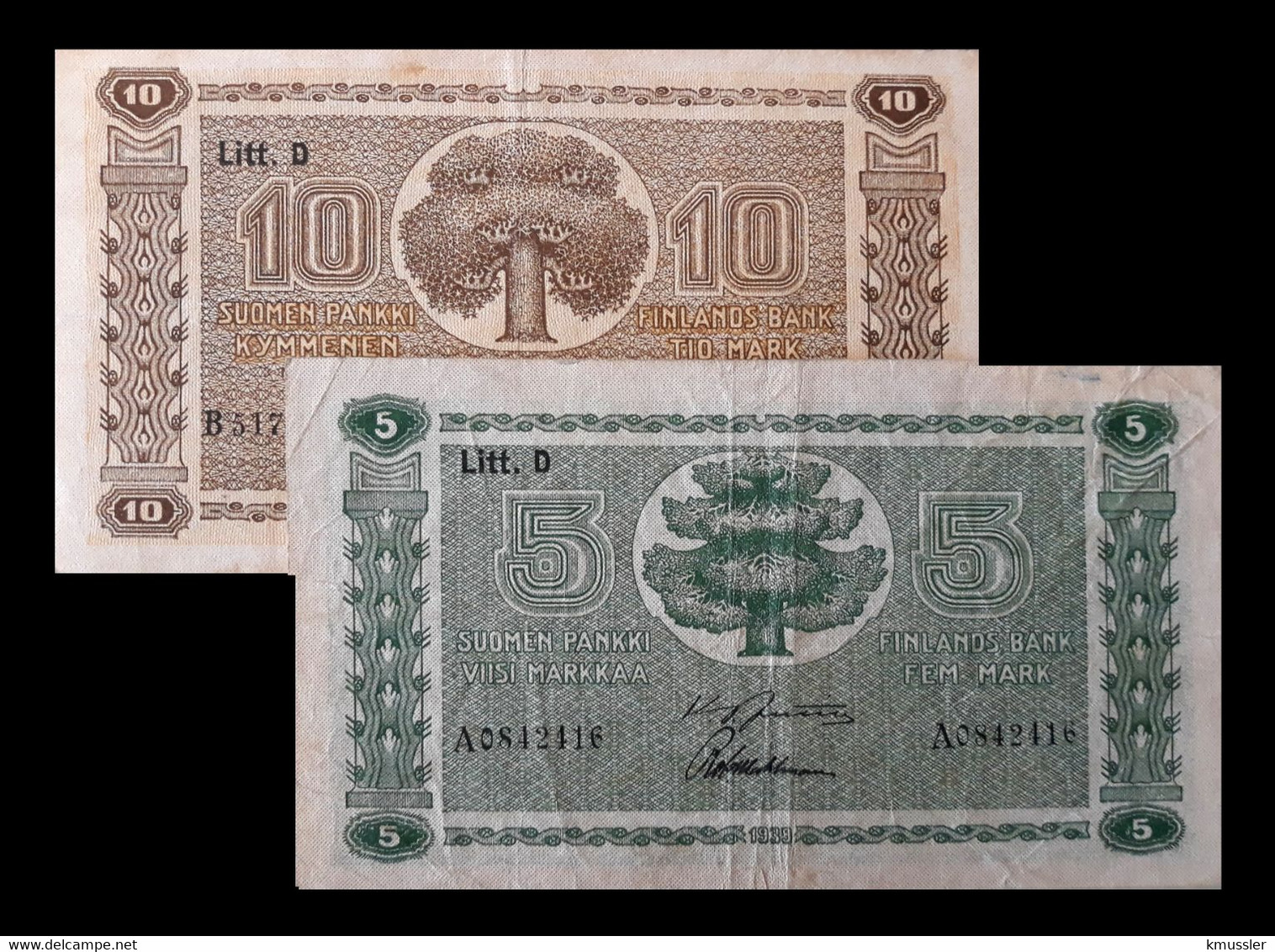 # # # Paar Banknoten Finnland (Finland) 5 + 10 Mark Litt. D 1939 # # # - Finlande