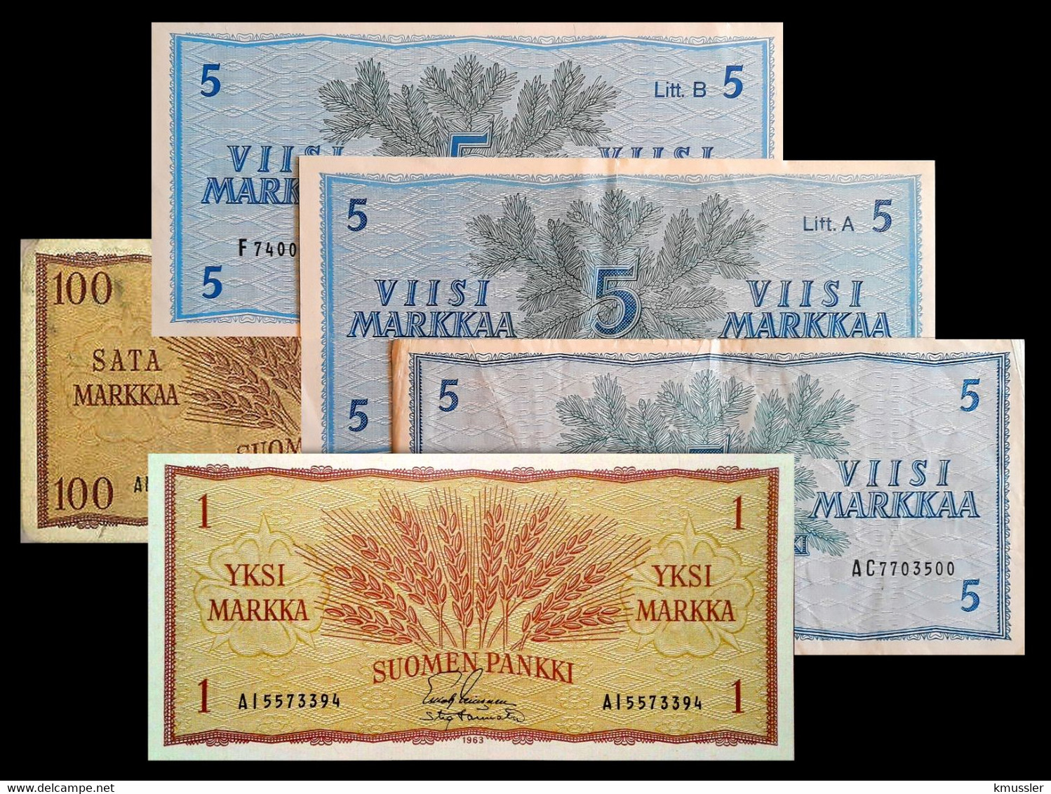 # # # 5 Banknoten Finnland (Finland) 100 + 1 + 3 X 5 Markkaa O. Litt, Litt A. Und Litt B. 1963 # # # - Finnland