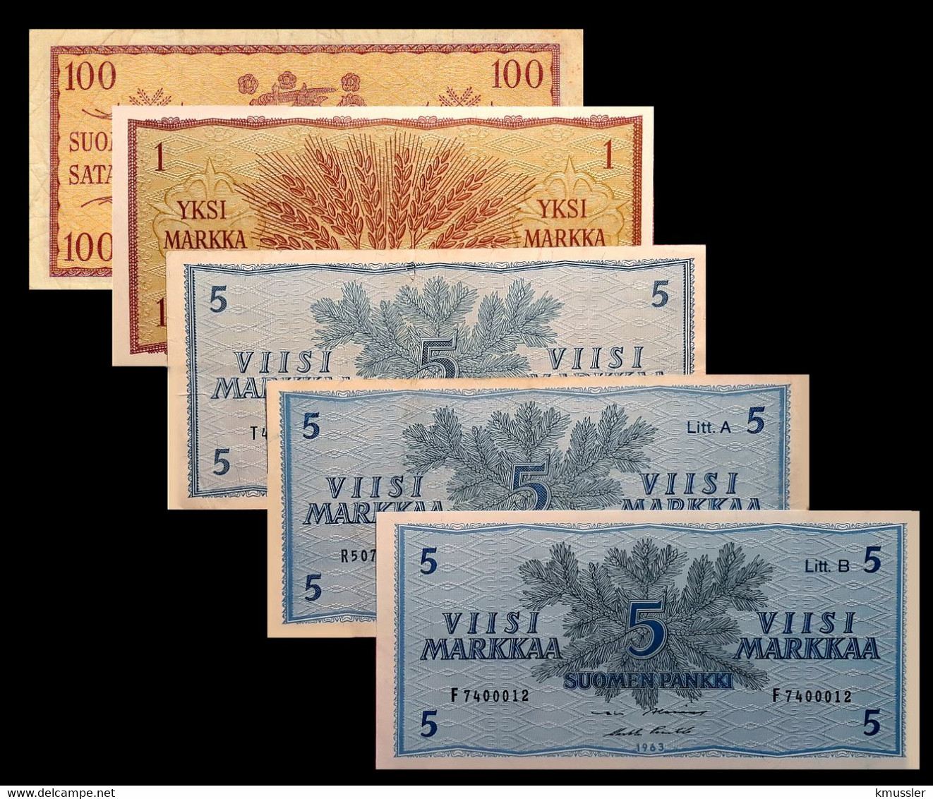 # # # Banknote 5 Banknoten Finnland (Finland) 1 + 100 + 3 X 5 Markkaa O. Litt, Litt A. Und Litt B. 1963 # # # - Finlande