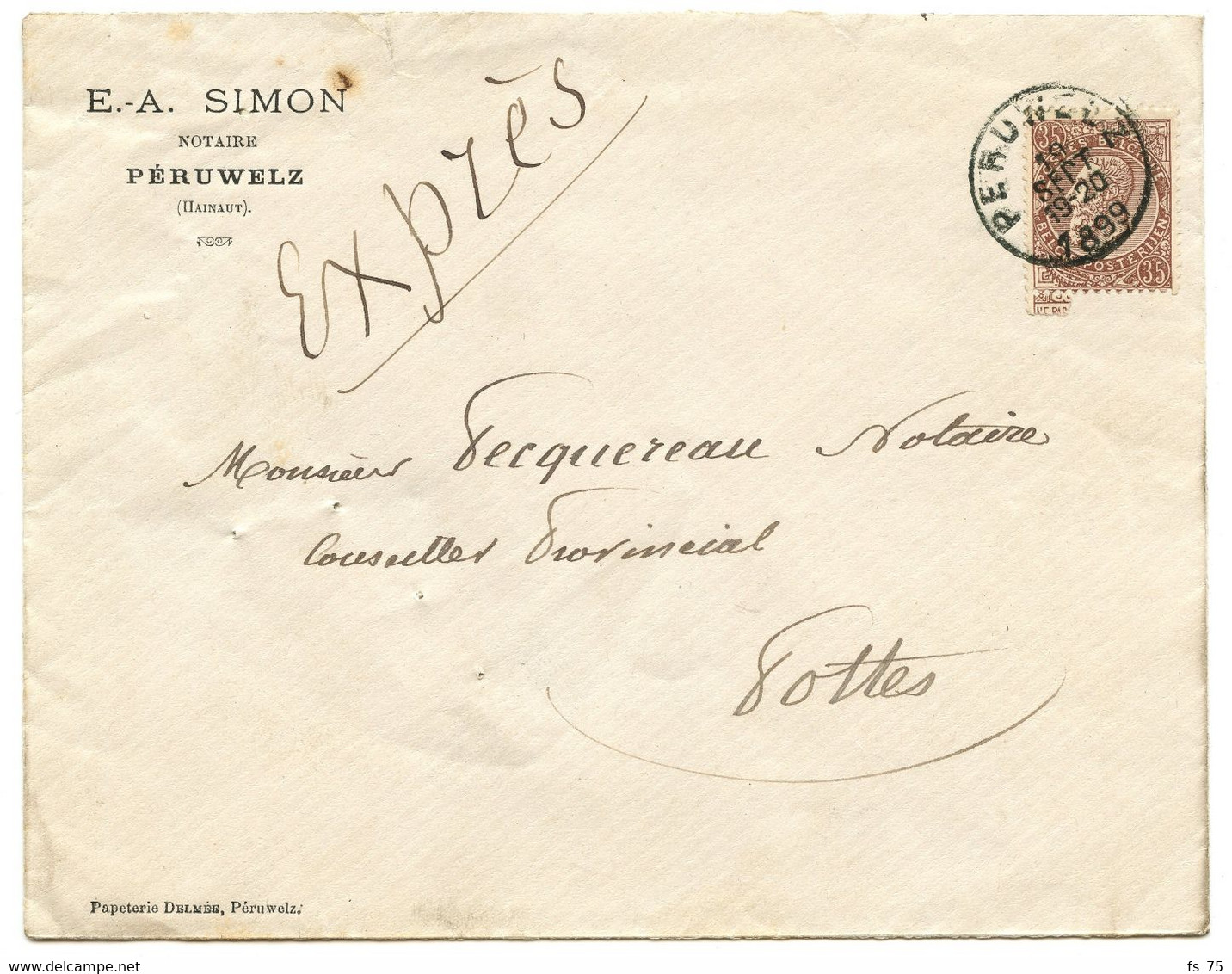 BELGIQUE - COB 61 SIMPLE CERCLE PERUWELZ SUR LETTRE PAR EXPRES, 1899 - 1893-1900 Fine Barbe