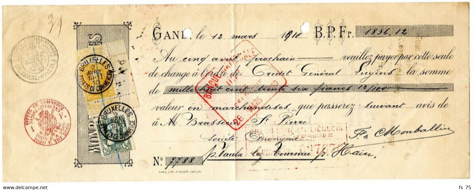 BELGIQUE - COB 78+79 SIMPLE CERCLE BRUXELLES EFFETS DE COMMERCE SUR RECU, 1910 - 1905 Grove Baard