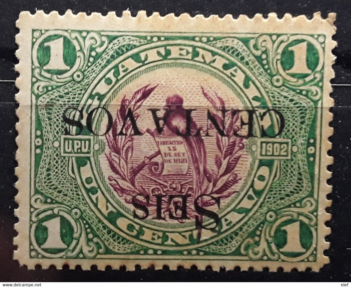 GUATEMALA 1916, Oiseau Quetzal , Yvert 157, SURCHARGE RENVERSEE , SEIS CENTAVOS, Neuf ** MNH - Guatemala