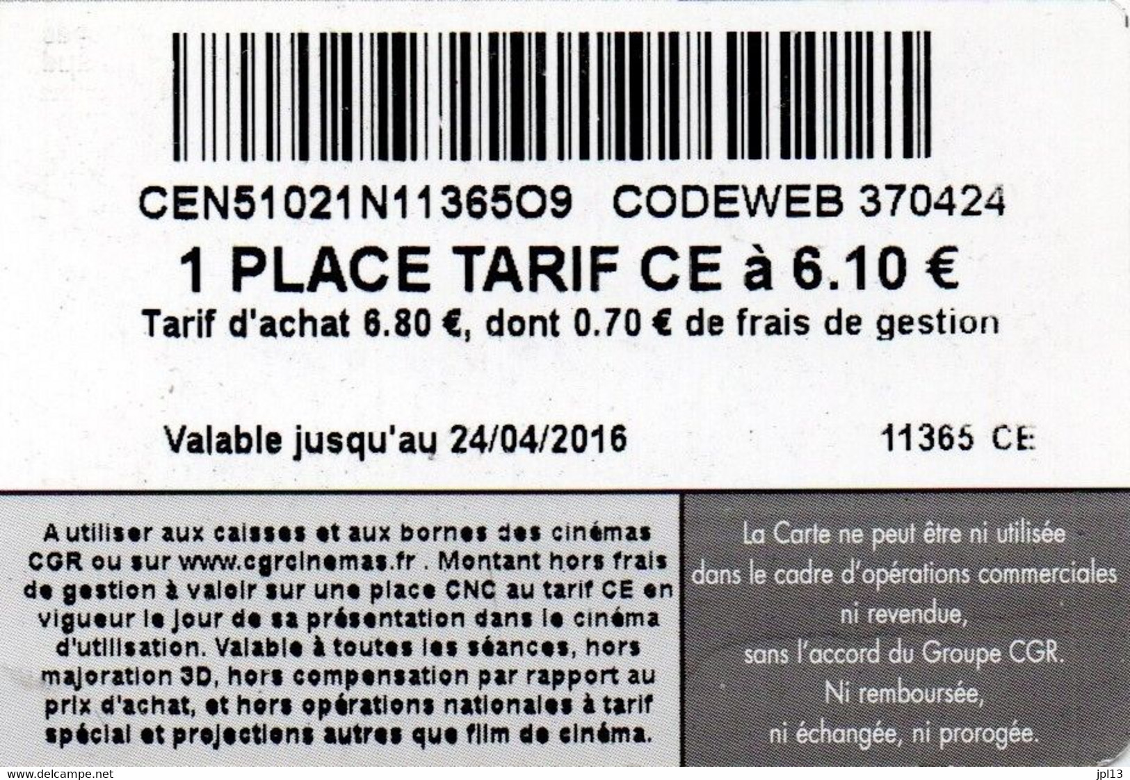 Billet D'entrée - France - CGR - La Place - Des émotions à La Carte Femme, Exp. 24/04/2016 - Andere & Zonder Classificatie