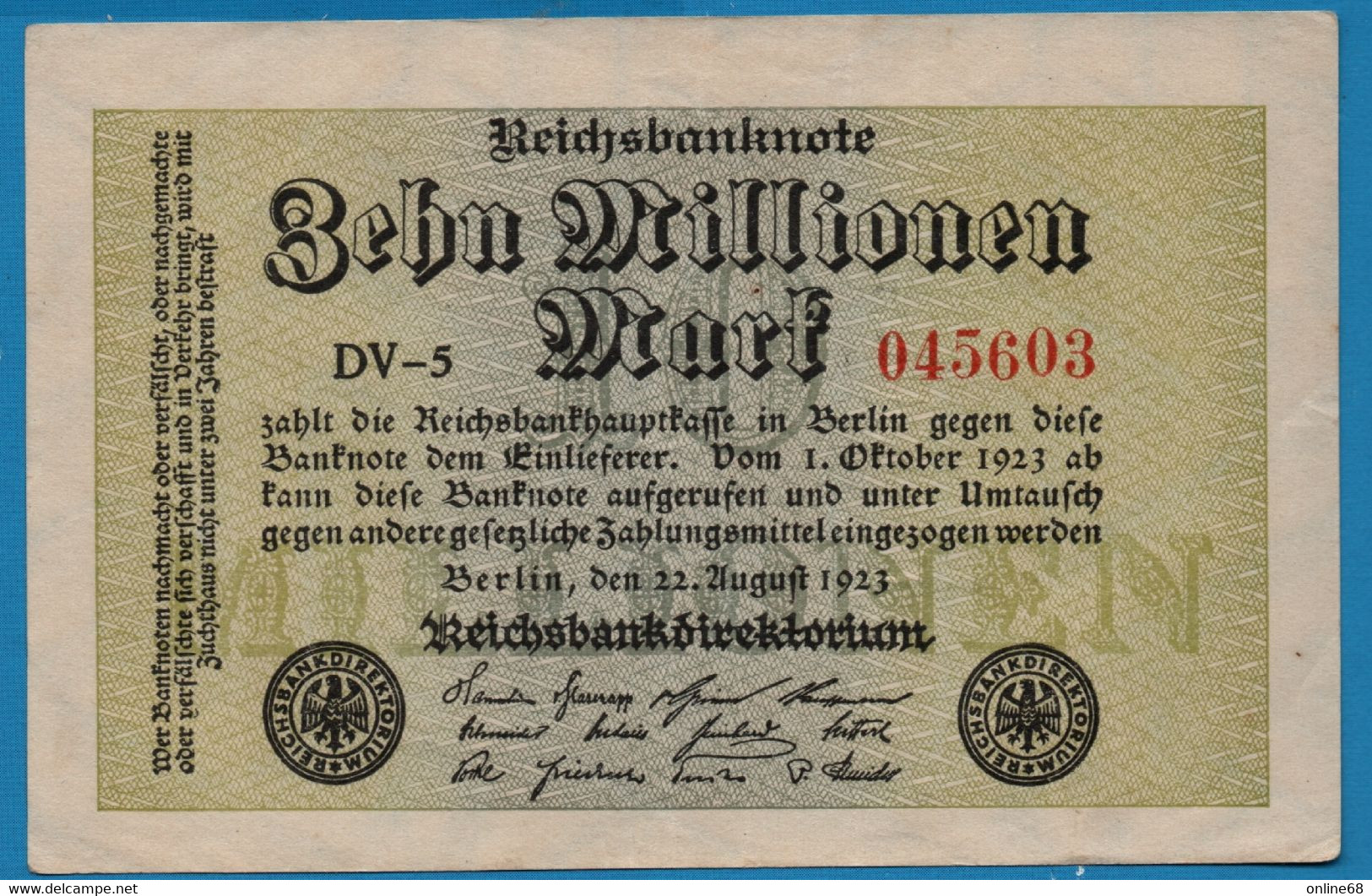 DEUTSCHES REICH 10 MILLIONEN MARK 22.08.1923 # DV-5 045603 P#106a - 10 Millionen Mark