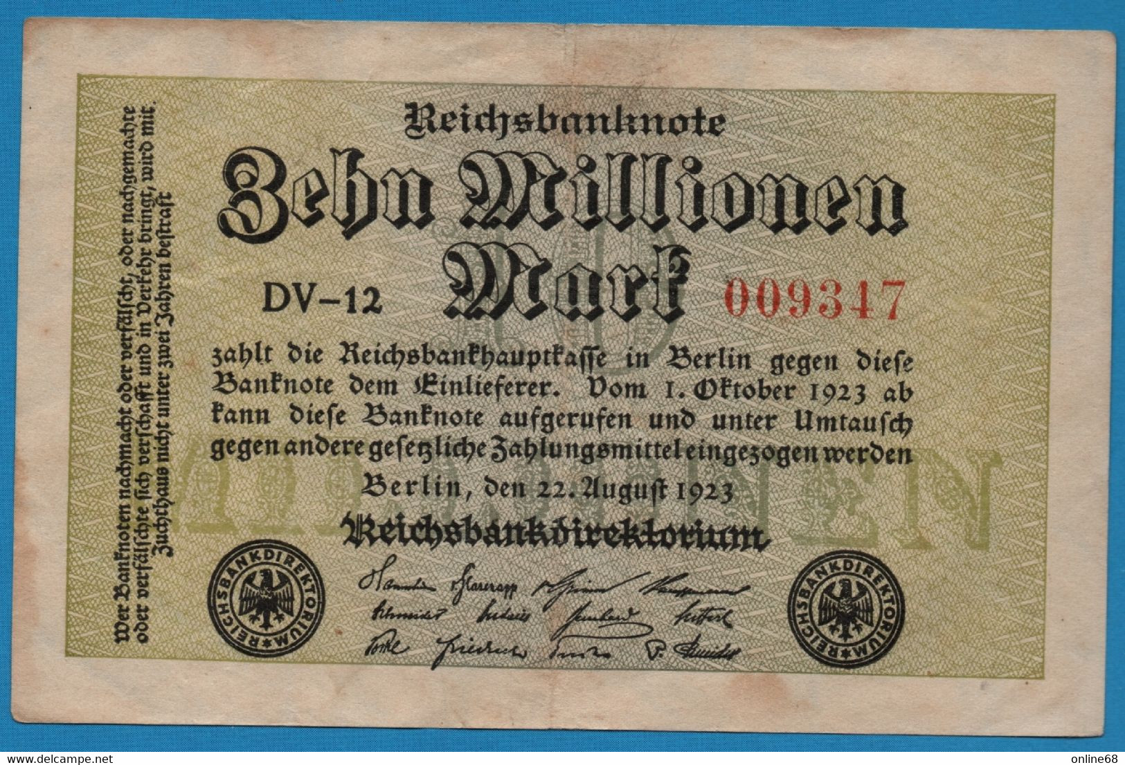 DEUTSCHES REICH 10 MILLIONEN MARK 22.08.1923 # DV-12 009347  P#106a - 10 Miljoen Mark