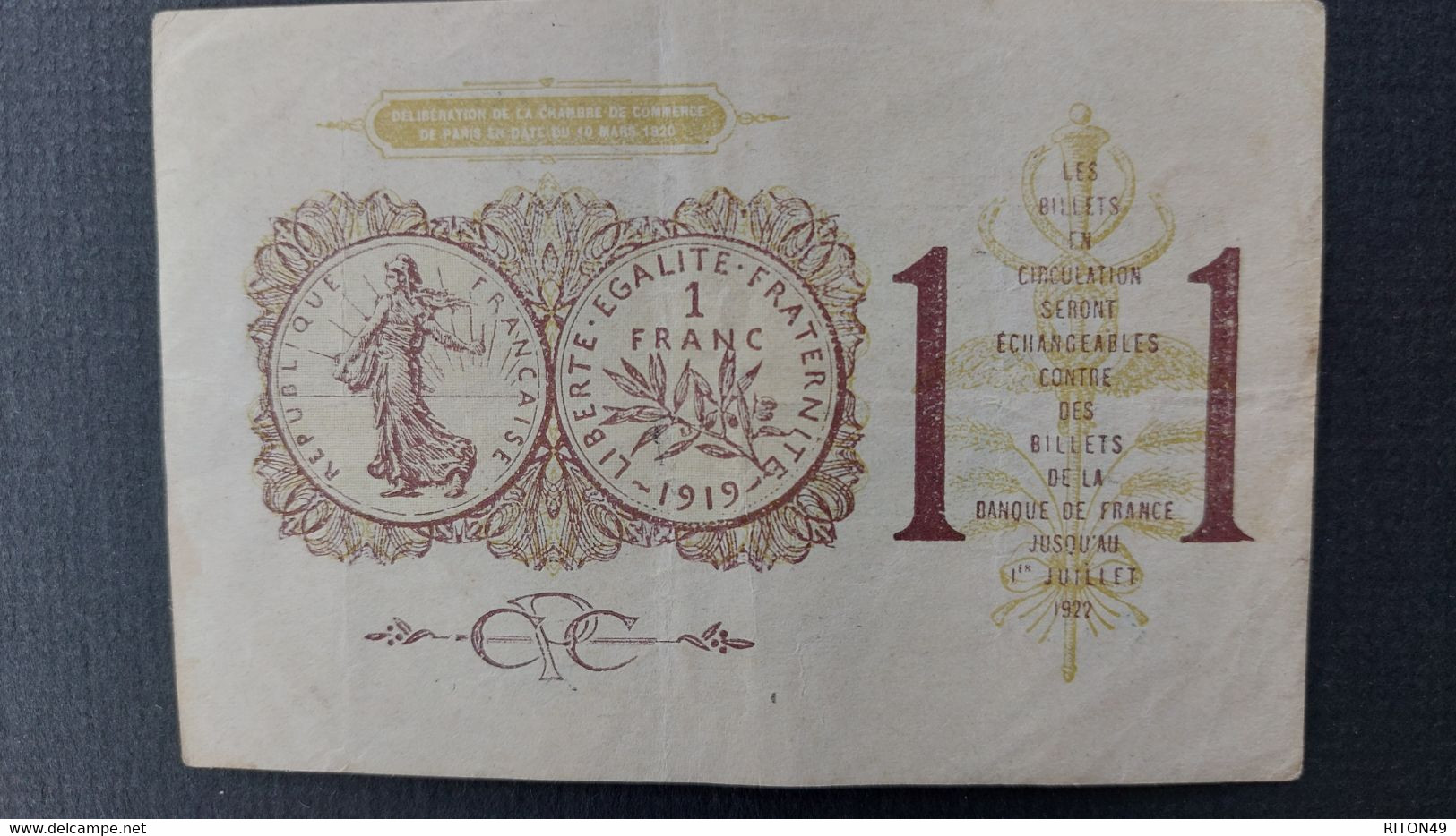 BILLET 1922 FRANCE UN FRANC - Zonder Classificatie