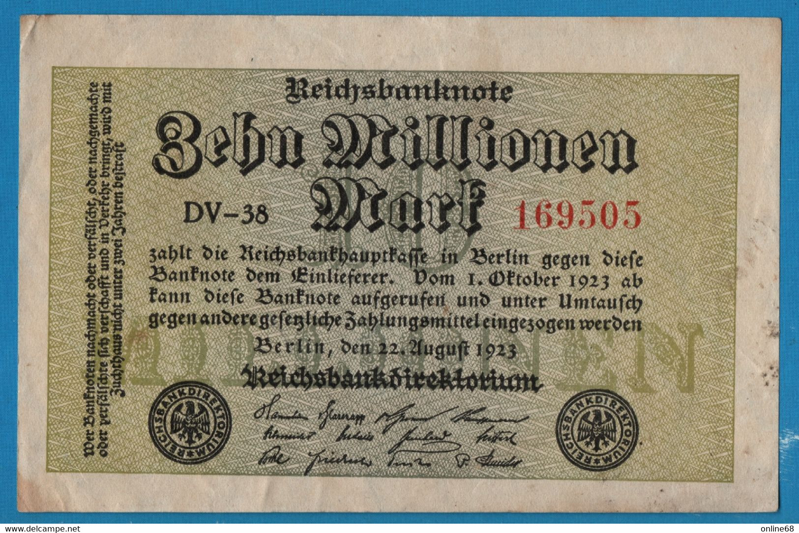 DEUTSCHES REICH 10 MILLIONEN MARK 22.08.1923 # DV-38 169505  P#106a - 10 Mio. Mark