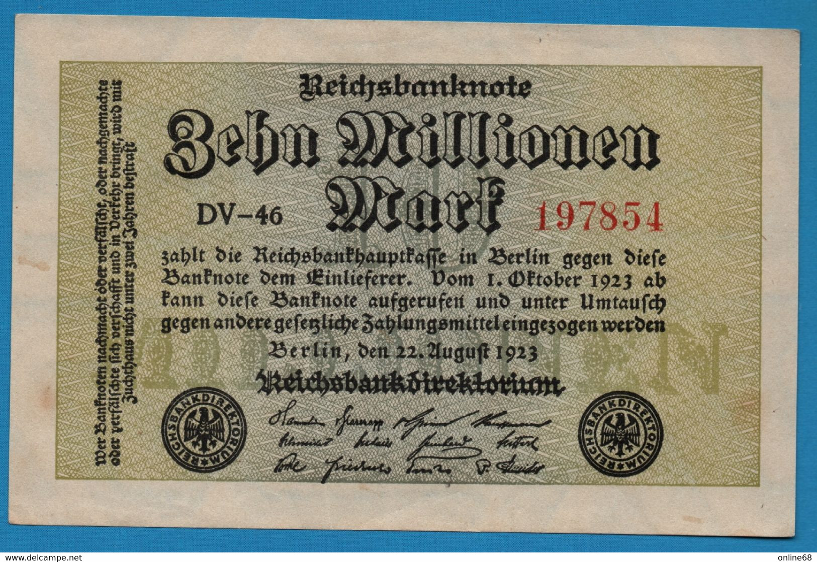 DEUTSCHES REICH 10 MILLIONEN MARK 22.08.1923 # DV-46 197854  P#106a - 10 Mio. Mark