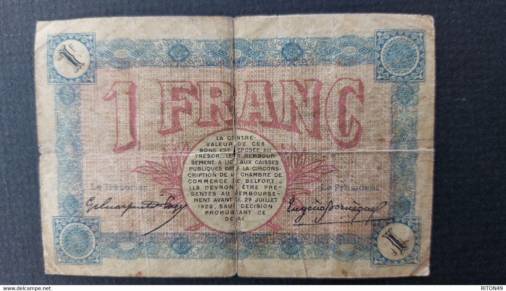 BILLET 1917 FRANCE UN FRANC - Zonder Classificatie