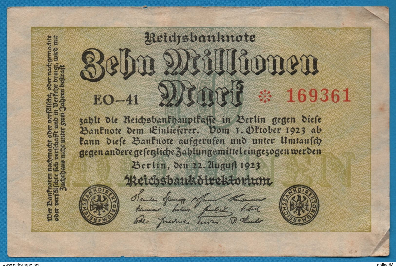 DEUTSCHES REICH 10 MILLIONEN MARK 22.08.1923 # EO-41 *169361  P#106a - 10 Millionen Mark