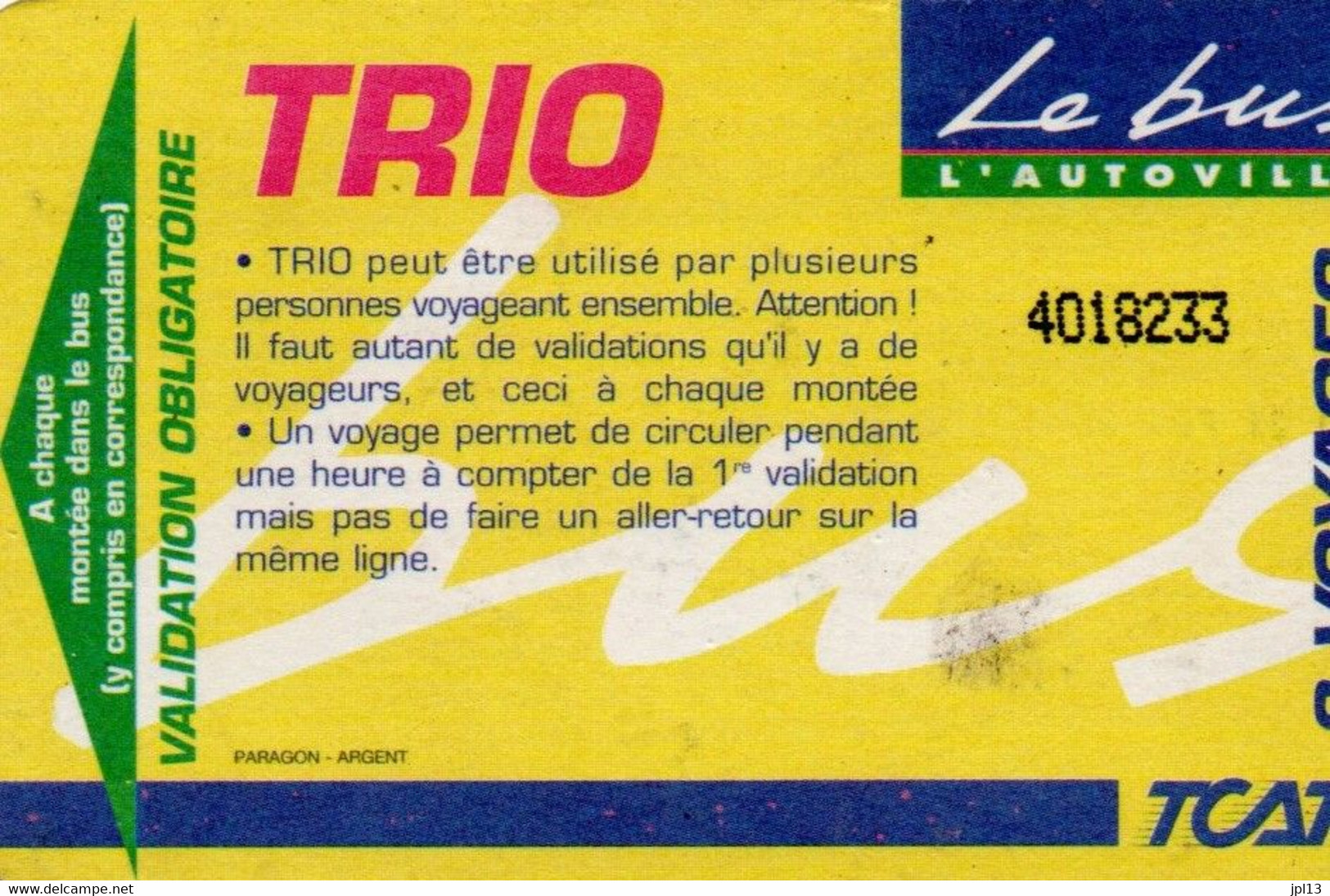 Billet De Transport - France - Troyes - TCAT - Trio - Altri & Non Classificati