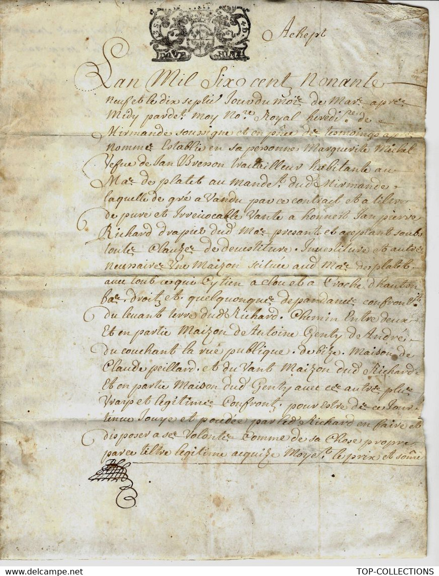 ACTE De Notaire SUR PEAU 1699 Et 1700 VENTE MAISON à MIRMANDE DROME NOTAIRE CHABRIER B.E. - Gebührenstempel, Impoststempel