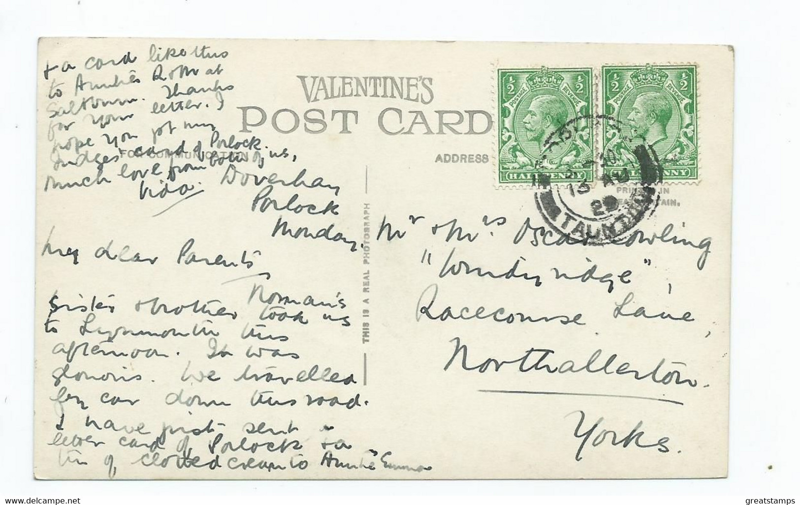 Postcard Devon Valentine's Posted Taunton 1929 Countisbury Hill Lynmouth - Lynmouth & Lynton