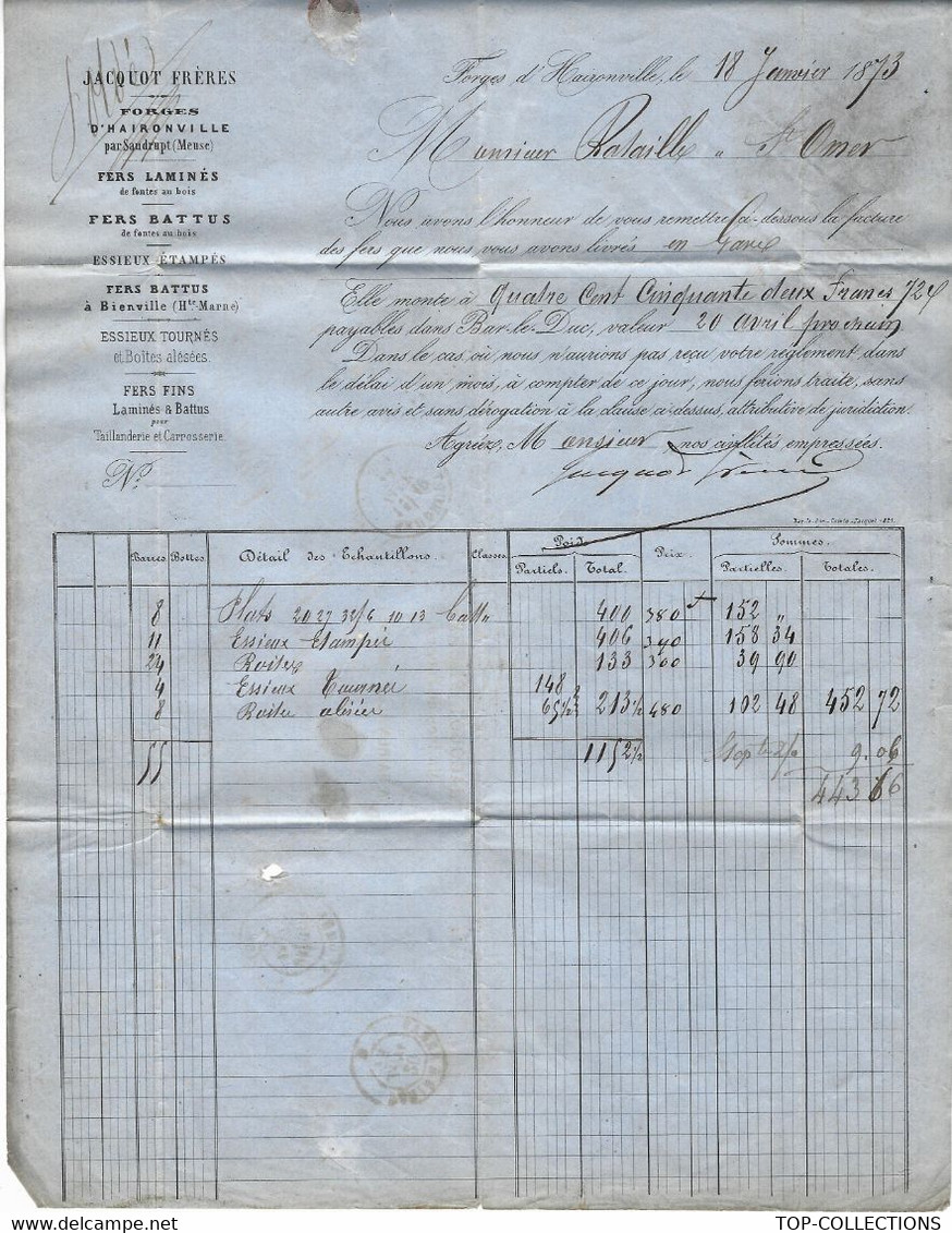 1873 ENTETE JACQUOT FRERES MAITRES DE FORGES Forges Haironville  Par Sandrupt Meuse => Bataille à St Omer Pas De Calais - 1800 – 1899