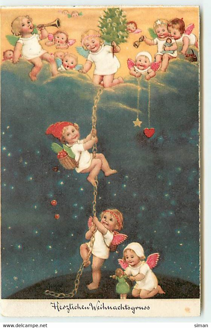 N°20435 - Herzlichen Weihnachtsgruss - Flatscher - Angelots Avec Des Jouets Escaladant Une Chaine - Other & Unclassified