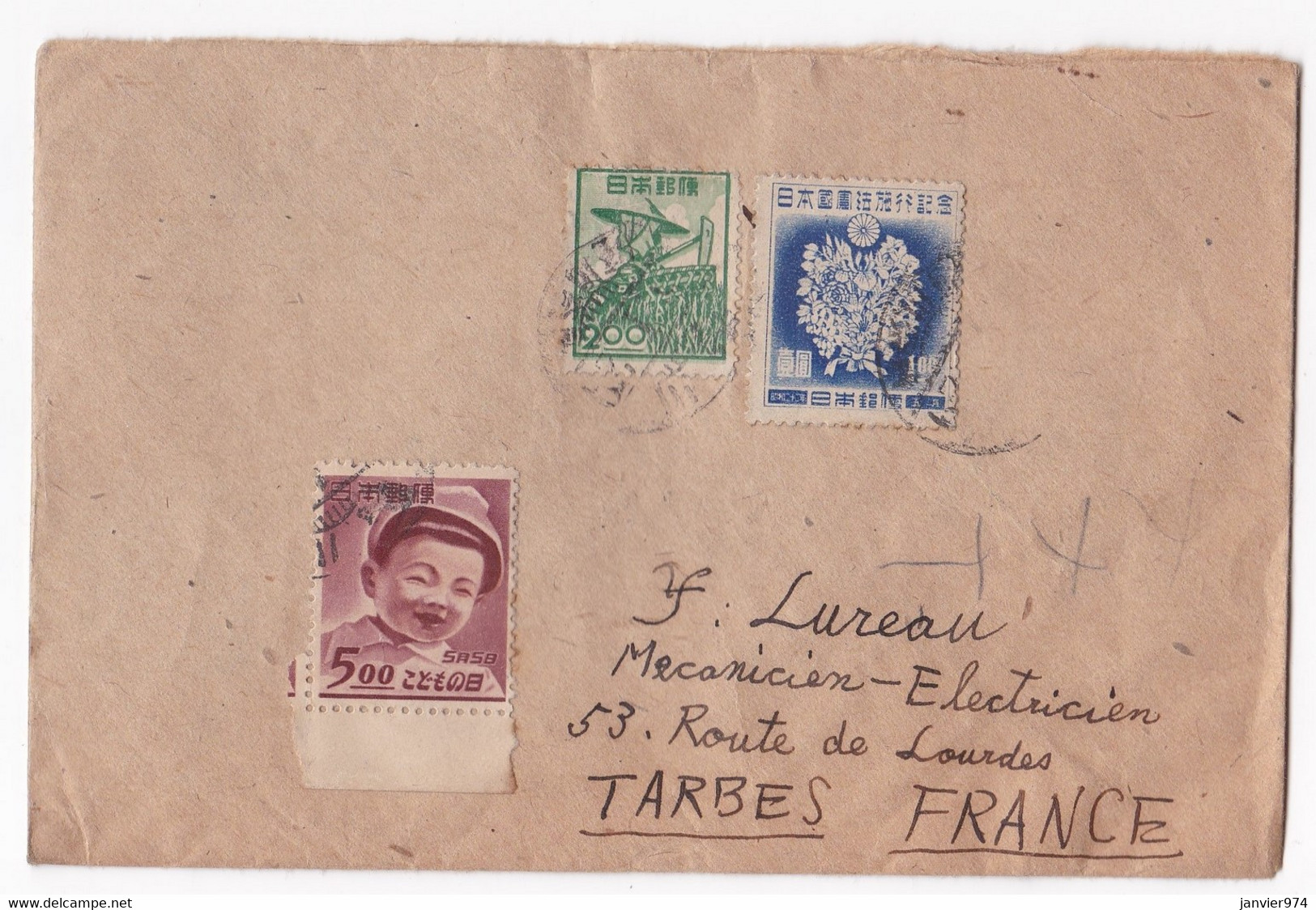 Lettre Kawasaki Japon Pour Mr Lureau Tarbes 1950 , Par Avion, Scan Recto Verso - Storia Postale