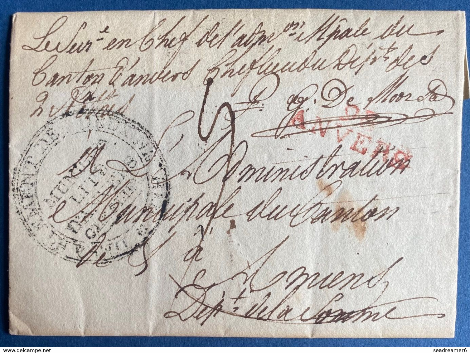 Lettre 1798 " 97 / ANVERS "  Pour Amiens Grand Cachet De La Municipalité D'Anvers...TTB - 1794-1814 (Periodo Frances)