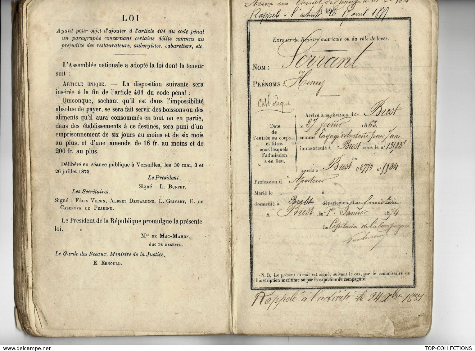 SUPERBE CARNET DE SERVICE MARINE COLONIES OFFICIER MARINIER MECANICIEN ET MARIN  De 1873 à 1882  « Dans Son Jus » !! - Historische Documenten