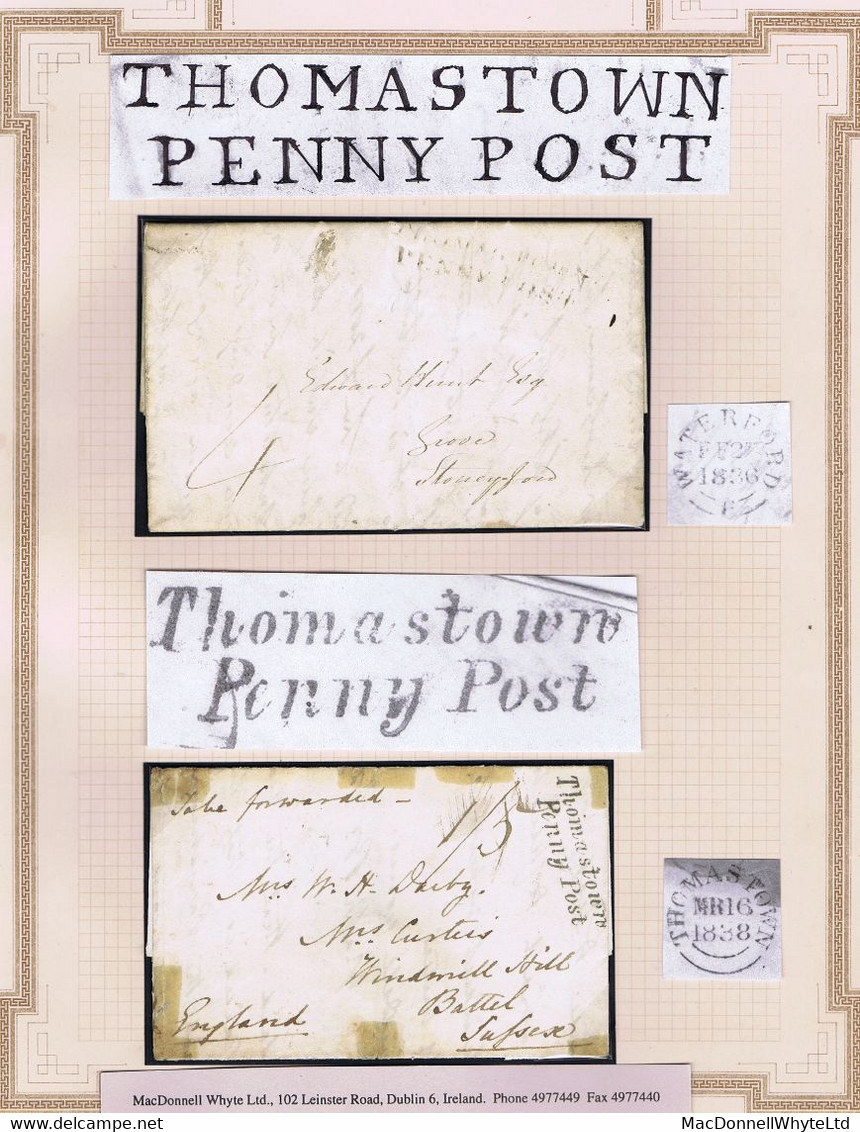 Ireland Kilkenny 1836 THOMASTOWN/PENNY POST And 1838 Italic "Thomastown/Penny Post" On Covers - Préphilatélie