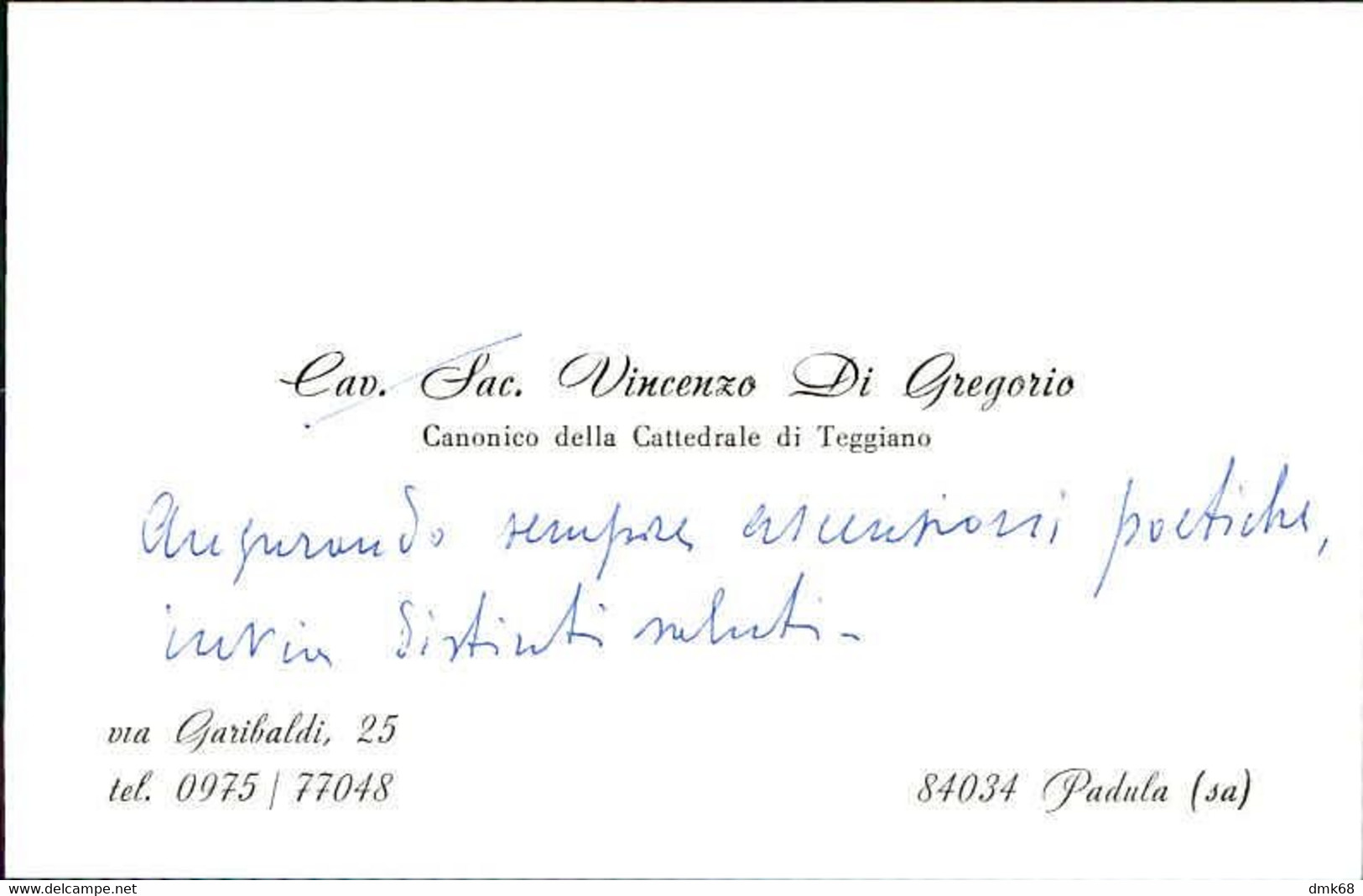 CANONICO VINCENZO DI GREGORIO - TEGGIANO / PADULA  - BIGLIETTO DI RINGRAZIAMENTO SCRITTO A MANO / HAND WRITTEN  (10472) - Autres & Non Classés