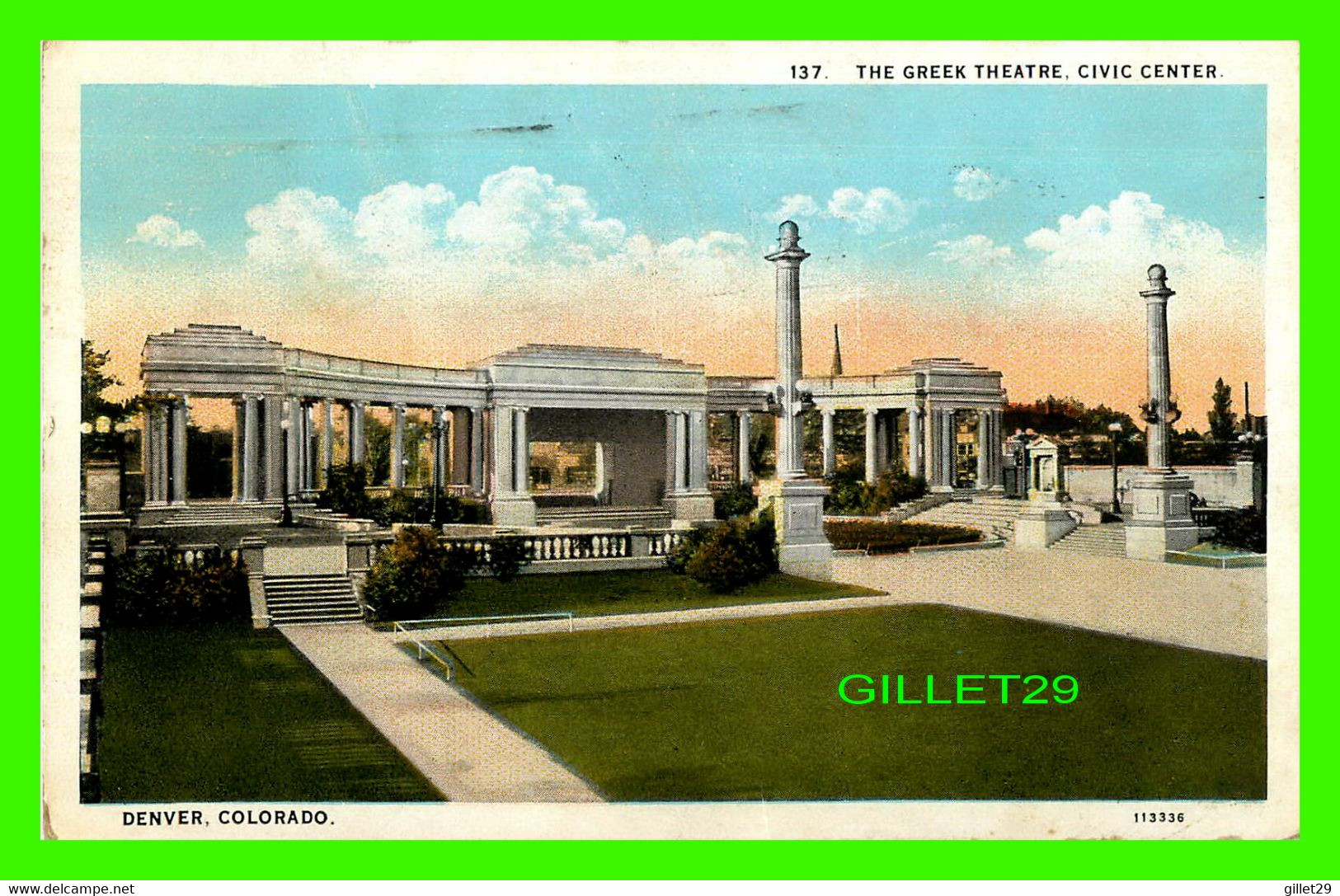 DENVER, CO - THE GREEK THEATRE, CIVIC CENTER - TRAVEL IN 1928 - PUB. BY SANBORN SOUVENIR CO - - Denver